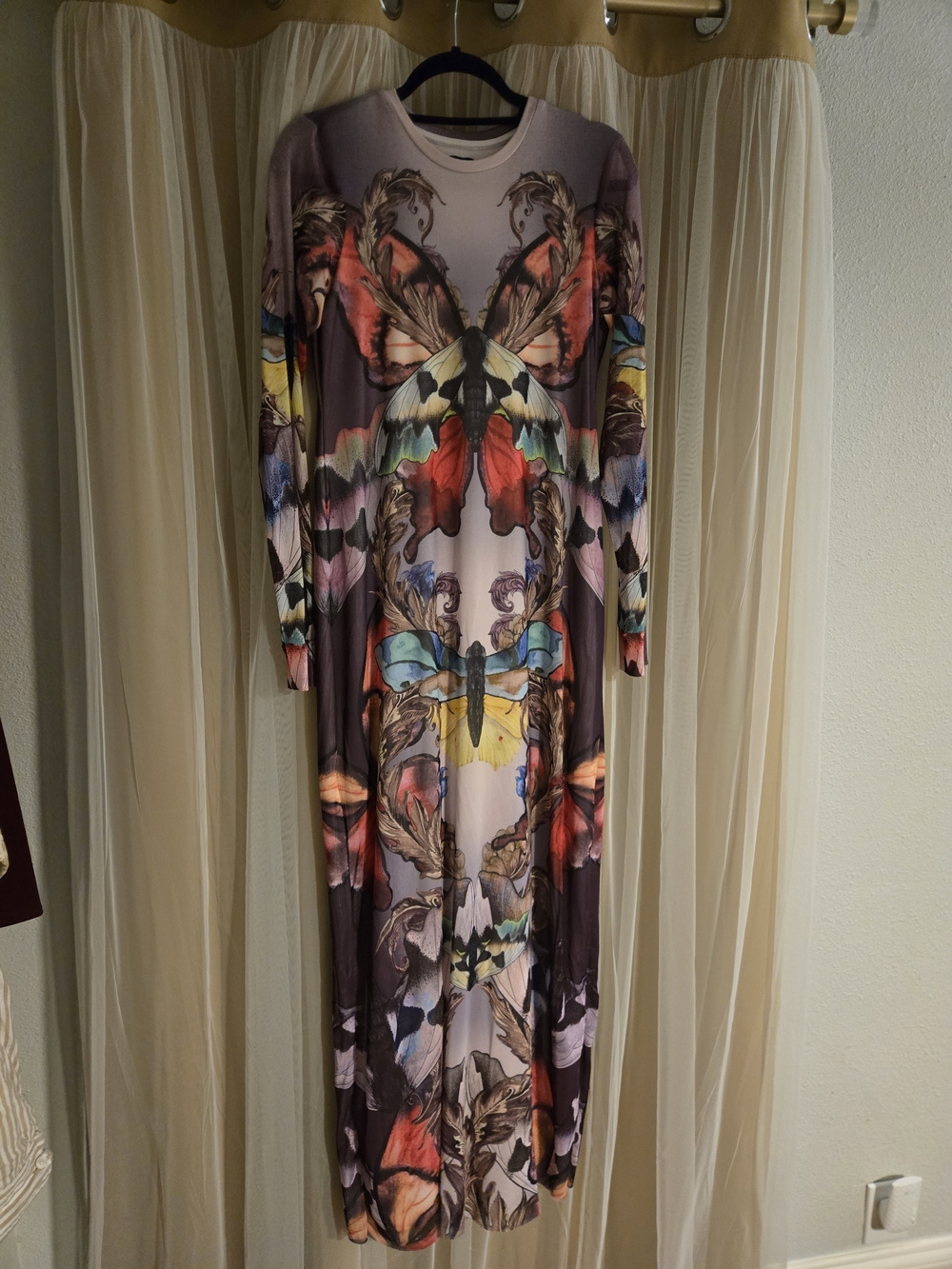 Long Sleeve Multicolor Butterfly Print Maxi Dress